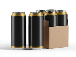 Six sleek black and gold aluminum beverage cans in a brown cardboard six-pack carrier, isolated on white