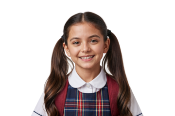 A smiling schoolgirl with pigtails and a backpack, isolated on transparent background