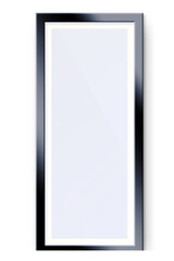 A tall, rectangular mirror with a sleek black frame, designed for reflection and interior decoration.