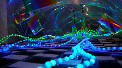 Enchanting tunnel of lights with prismatic reflections and a chessboard floor: Quantum Garden Ecosystems