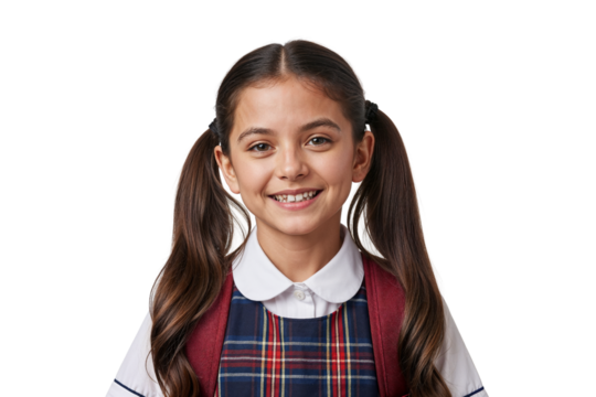 A smiling schoolgirl with pigtails and a backpack, isolated on transparent background