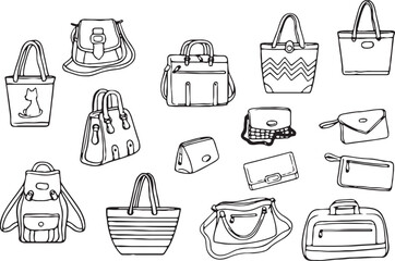 Women’s Fashion Bags and Purses Doodle Set – Handbag, Accessory, Female Style, Shopping, Trendy, Pouch