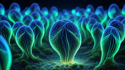 Bioluminescent alien flora with intricate veins glowing in a dark mysterious landscape: Quantum Garden Ecosystems