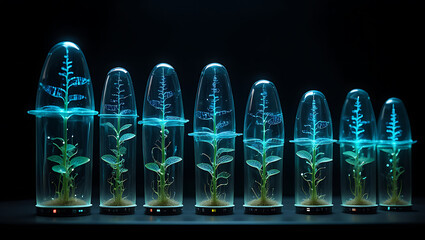 Futuristic bioluminescent plants growing in transparent pods under blue light: Quantum Garden Ecosystems