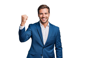 A happy businessman in a suit celebrates a victory, isolated on transparent background