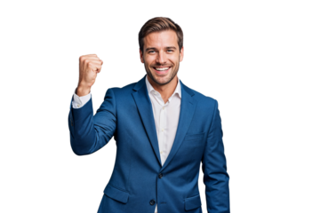 A happy businessman in a suit celebrates a victory, isolated on transparent background