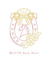 正月素材：蹄鉄のしめ飾りと馬のシンプルでおしゃれな年賀状素材（午年）