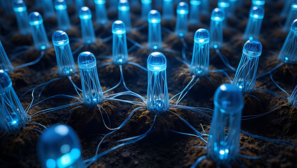 Futuristic bioluminescent organisms with glowing blue tendrils emerging from dark soil: Quantum Garden Ecosystems