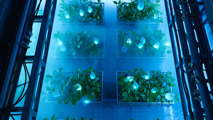 Futuristic vertical farm with glowing blue lights illuminating lush green plants in a misty environment: Quantum Garden Ecosystems