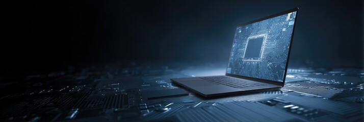 Sleek laptop rests on a circuit board, its screen displaying a glowing processor schematic, set against a dark, moody background