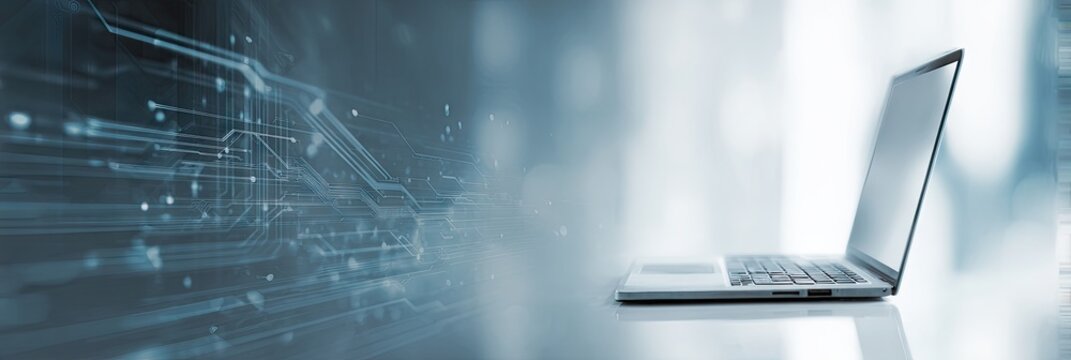 Sleek laptop rests on a reflective surface, juxtaposed against an abstract background of glowing digital circuitry, suggesting technological connection and data flow