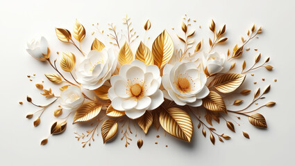 Elegant golden and white floral arrangement. Luxurious decorative flowers with gold leaves. 3d render of exquisite botanical design