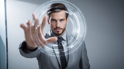 Professional man in light-gray suit and dark tie interacting with floating circular holographic interface displaying white digital text and symbols in a high-tech, gradient gray background.