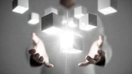 Monochromatic scene with outstretched hands gently cupping a central glowing cube emitting light rays, surrounded by floating minimalist white cubes, blurred background.