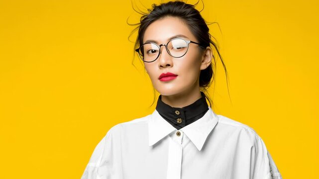 Confident young woman with glasses and bold red lips, wearing a stylish white shirt, poses against a vibrant yellow background, showcasing modern fashion and self-expression in a striking portrait