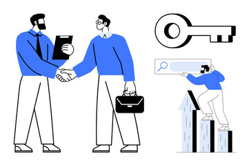 Businessmen shaking hands, key symbolizing opportunity, man climbing bar graph, and search bar. Ideal for business strategy, partnership, growth, analysis teamwork opportunity and success. Simple