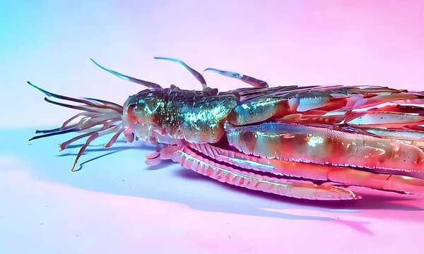 Iridescent Crustacean Close Up, Vibrant Pink and Blue Lighting