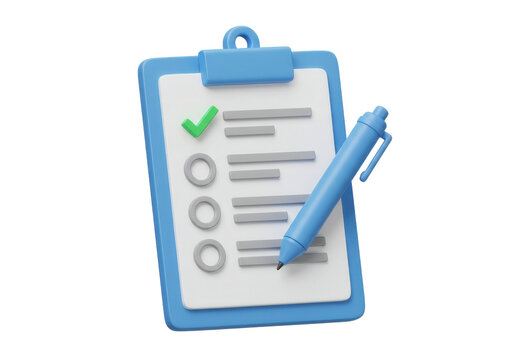 3d icon of blue clipboard with checklist and pen isolated on transparent background