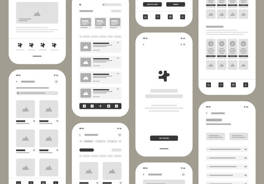 Mobile App Wireframe UI Kit for UX Design and Prototype Layouts