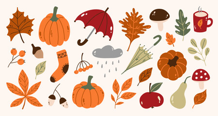 Hand draw autumn elements collection. Pumpkin, leaves, umbrellas, mushrooms.