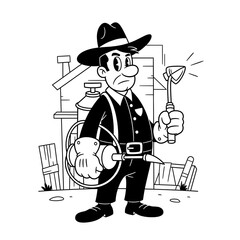 vintage black and white cartoon of an exterminator pest control man mascot wearing a hat, bugs, insects, roaches, ants, spiders, flees, bed bugs,  pest killer, exterminator man, exterminator hat, pest