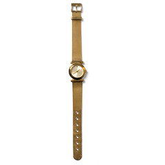 A simple gold wristwatch with a leather strap, designed for timekeeping and fashion.