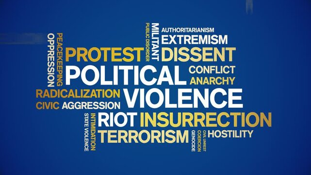 Political Violence animated word cloud;text design animation tag kinetic typography seamless loop.