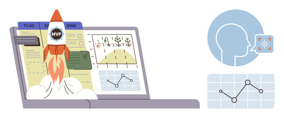 Rocket launching from laptop task board, data charts, voice interface, speech analysis, and progress tracking. Ideal for innovation, project management, startup strategy, technology data teamwork