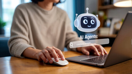 A woman uses a laptop to interact with an ai agent, represented by a friendly robot icon, to issue commands and receive assistance