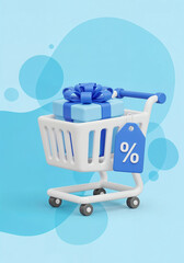 A white shopping cart contains a blue gift box with a blue ribbon and a blue percentage sign tag indicating a sale or discount