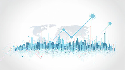 A stylized city skyline with a world map and upward trending lines represents global growth and business development