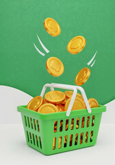 A green shopping basket overflowing with gold coins and more coins falling into it symbolizes financial success and wealth