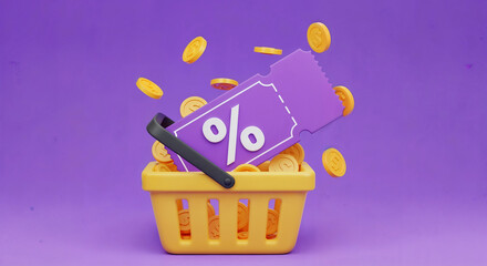 A yellow shopping basket filled with gold coins and a purple discount coupon signifies a great shopping deal