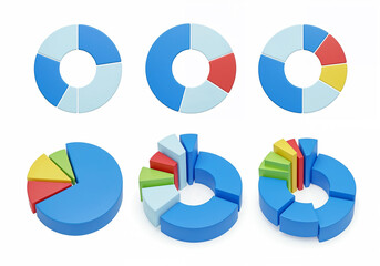 A set of colorful 3d pie charts and donut charts are isolated on white background, ideal for business presentations and data visualization