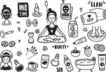 Spa and Beauty Self-Care Doodle Icons – Wellness, Relaxation, Meditation, Me Time, Yoga, Skincare