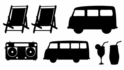 "Rolling Vibes & Reclined Times: A Retro Silhouette of Camp Vans, Deck Chairs, and Drinks Under Open Skies."