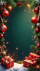 A festive winter scene with a green background framed by Christmas decorations. Red ornaments, candy canes, gifts .Copy space,text