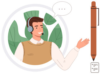 Smiling support agent wearing headset, speaking with speech bubble, surrounded by leaves, gesturing to pen. Ideal for customer service, communication, help desk, writing tools, assistance training