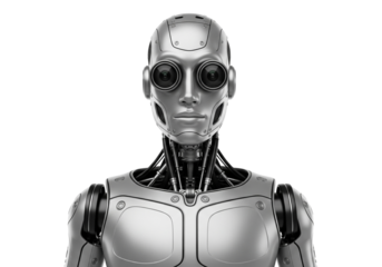 Futuristic Robot Figure Display, Technology Concept, Studio Setting, Digital Illustration, Front View Perspective