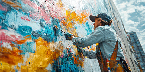 A male artist paints a large colorful mural on a city wall.