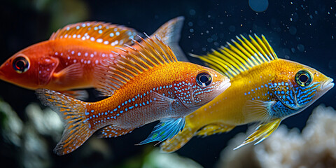 Three brilliantly colored fish swim gracefully in an aquarium.
