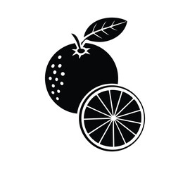 Black silhouette of oranges and wedges with a graphic burst effect, a symbol for natural juice or vitamins on white background
