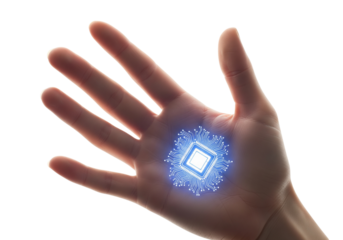 Futuristic Hand Interface with Microchip, Digital Concept, Minimalist Environment