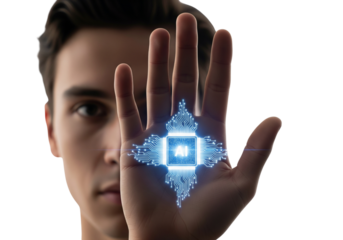 AI Visualization on Human Hand, Studio Setting, Digital Art, Futuristic Environment
