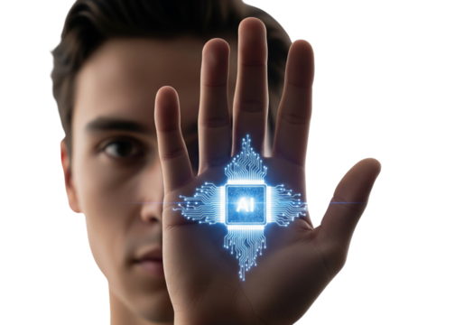 AI Visualization on Human Hand, Studio Setting, Digital Art, Futuristic Environment