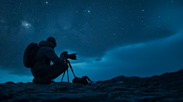 Photographer adjusting tripod under starry night sky