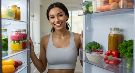 Woman opens refrigerator filled with healthy foods displaying fresh produce and prepared items promoting balanced diet and well being with bright lighting 