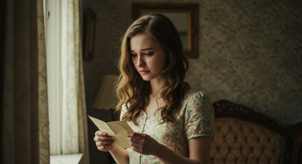Woman reading a vintage letter in a historical interior nostalgic and emotional portrait