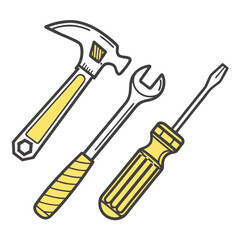 Hand-drawn illustration of tools hammer, wrench, and screwdriver with yellow handles on white background.