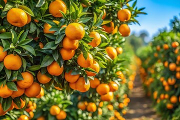 Row of orange trees with many oranges on the branches